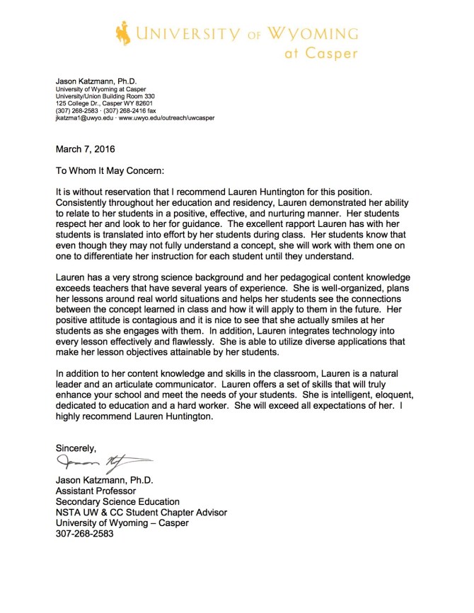 Lauren Huntington Letter of Recommendation Spring 2016